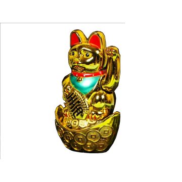   MANEKI NEKO - üzleti sikereket, szerencsét hozó integető macska pénztálon arany - 17 cm